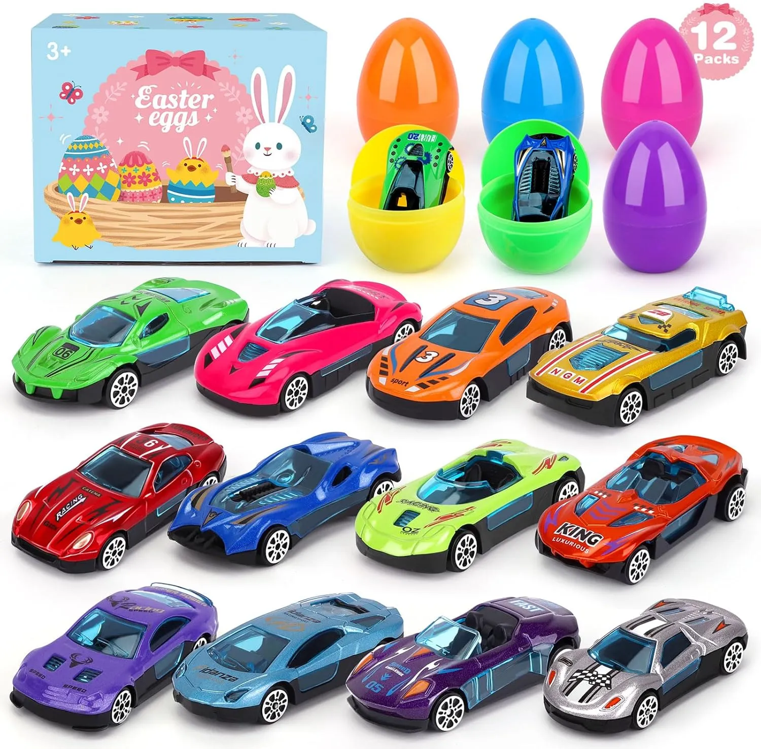 12 Packs Prefilled Easter Eggs with Car Toys, Easter Basket Stuffer,Party Favors for Kids Classroom,Toys for 3  Years Old Boys