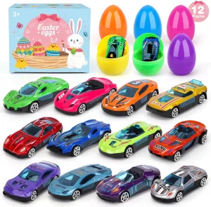 12 Packs Prefilled Easter Eggs with Car Toys, Easter Basket Stuffer,Party Favors for Kids Classroom,Toys for 3  Years Old Boys