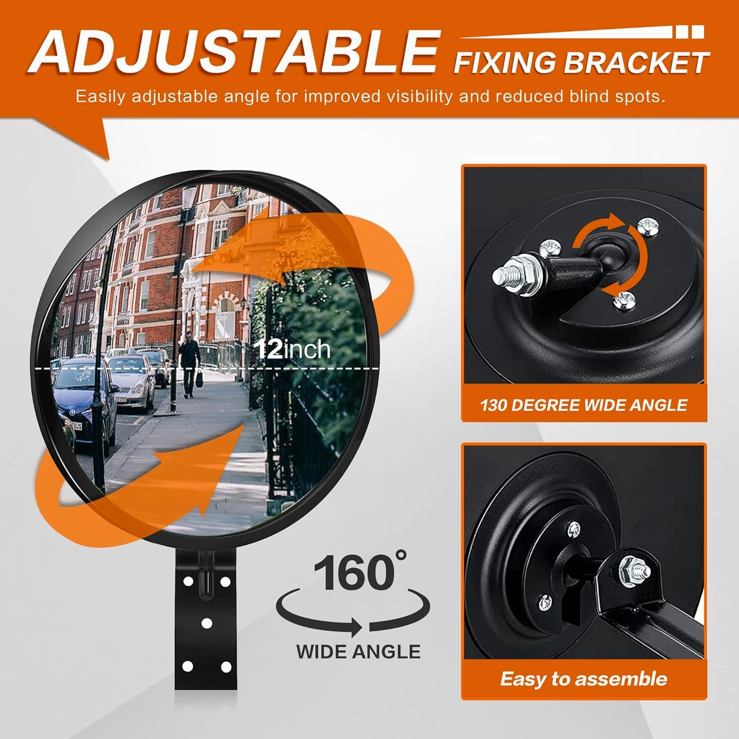 12-Inch Convex Security Corner Mirror (Clear View) - Adjustable Fixing Bracket, Wide Angle, Indoor and Outdoor Use - Ideal for Warehouse, Office, Parking Garage, and Traffic Safety (Black)