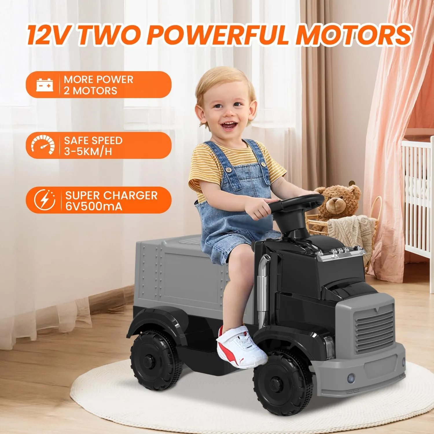 12V Electric Ride On Car for Toddlers, Kids Vehicle with Steering Wheel, Under-Seat Storage, Headlights, Music, Battery Powered Toy Car for Boys and Girls, Black
