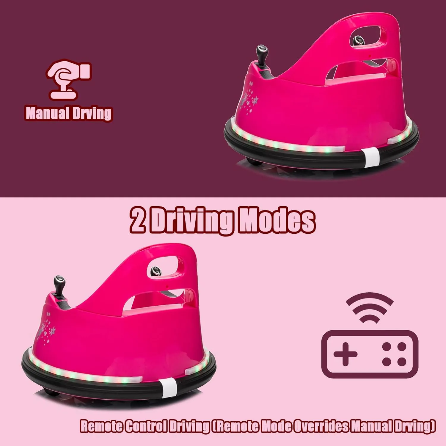 12V Toddlers Kids Ride-on Bumper Car, Baby Electric Ride On Bumper Toy Car with Remote Control, Music, 360 Degree Spin Gift Toys for Toddlers Boys and Girls, Rose Pink