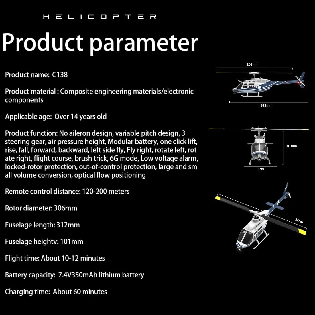 1/30 Scale RC ERA C138 Bell 206 RC Helicopter for Adult, 2.4G 6CH No Aileron Helicopter with Altitude Hold 6-axis Gyroand Optical Flow Positioning (Red Black White/1 Battery)