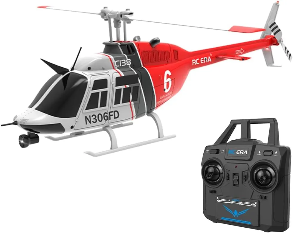1/30 Scale RC ERA C138 Bell 206 RC Helicopter for Adult, 2.4G 6CH No Aileron Helicopter with Altitude Hold 6-axis Gyroand Optical Flow Positioning (Red Black White/1 Battery)