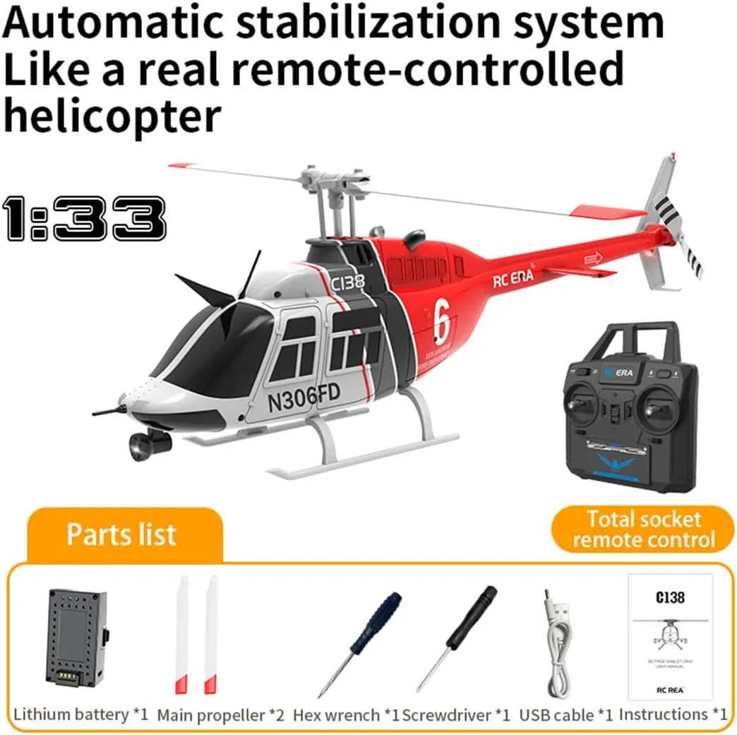 1/30 Scale RC ERA C138 Bell 206 RC Helicopter for Adult, 2.4G 6CH No Aileron Helicopter with Altitude Hold 6-axis Gyroand Optical Flow Positioning (Red Black White/1 Battery)