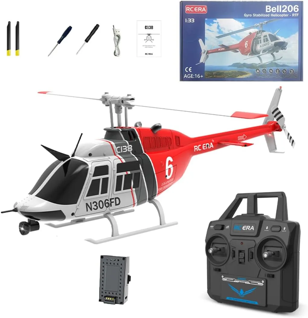 1/30 Scale RC ERA C138 Bell 206 RC Helicopter for Adult, 2.4G 6CH No Aileron Helicopter with Altitude Hold 6-axis Gyroand Optical Flow Positioning (Red Black White/1 Battery)