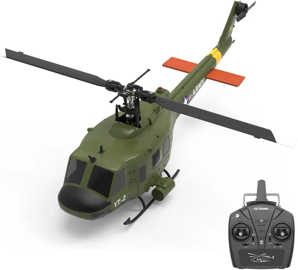 1/34 Scale UH-1 Huey 2.4G 6CH Brushless Direct-Drive 3D/6G Flybarless RC Helicopter Model with Optical Flow Positioning, RC Military Helicopter Gift for Adults (RTF Version)