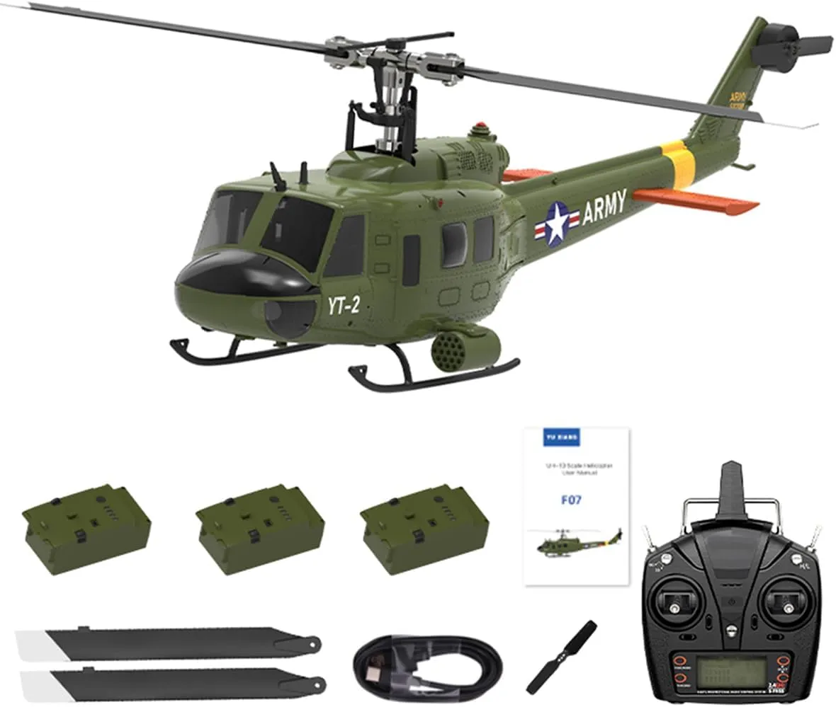 1/34 Scale UH-1 Huey 2.4G 6CH Brushless Direct-Drive 3D/6G Flybarless RC Helicopter Model with Optical Flow Positioning, RC Military Helicopter Gift for Adults (RTF Version)