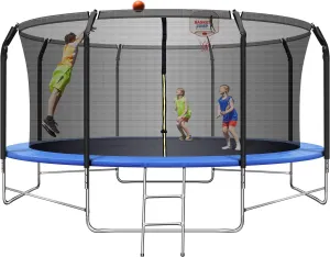 14FT Trampoline with Balance Bar & Basketball Hoop, 1.4MM Thickened Recreational Trampoline for Adults & Kids, ASTM Approved Reinforced Type Outdoor Trampoline with Enclosure Net