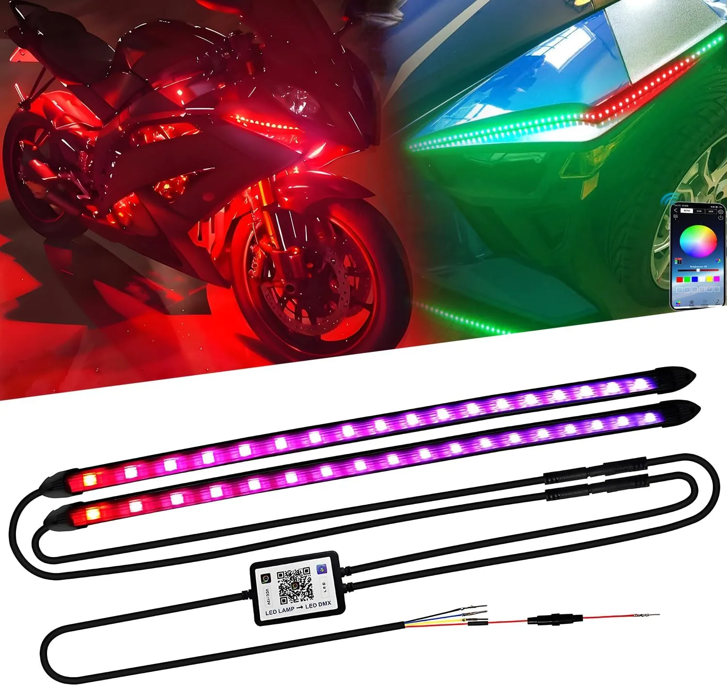 14inch RGB LED Light Strip APP Control Multi Color,35.5CM Cool Start White Dynamic RGB Amber Turn Signal DRL Sequential Strip Grille Chassis Light Kit for Car/Snowbike/SUV/Bike/Truck