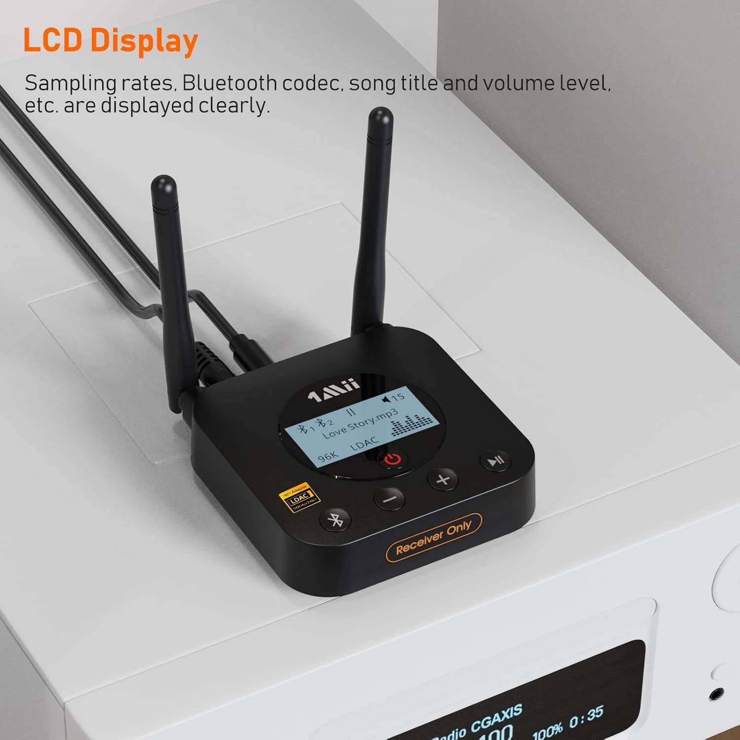 1Mii B06Pro  HiFi Bluetooth Receiver, Hi-Res Bluetooth 5.1 Wireless Audio Adapter w/LDAC for Home Stereo, Long Range Bluetooth Receiver aptX HD Low Latency Volume Control LCD Display