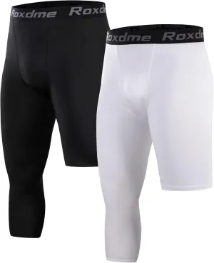 2 Pack Men's 3/4 One Leg Compression Capri Tights Pants Basketball Athletic Running