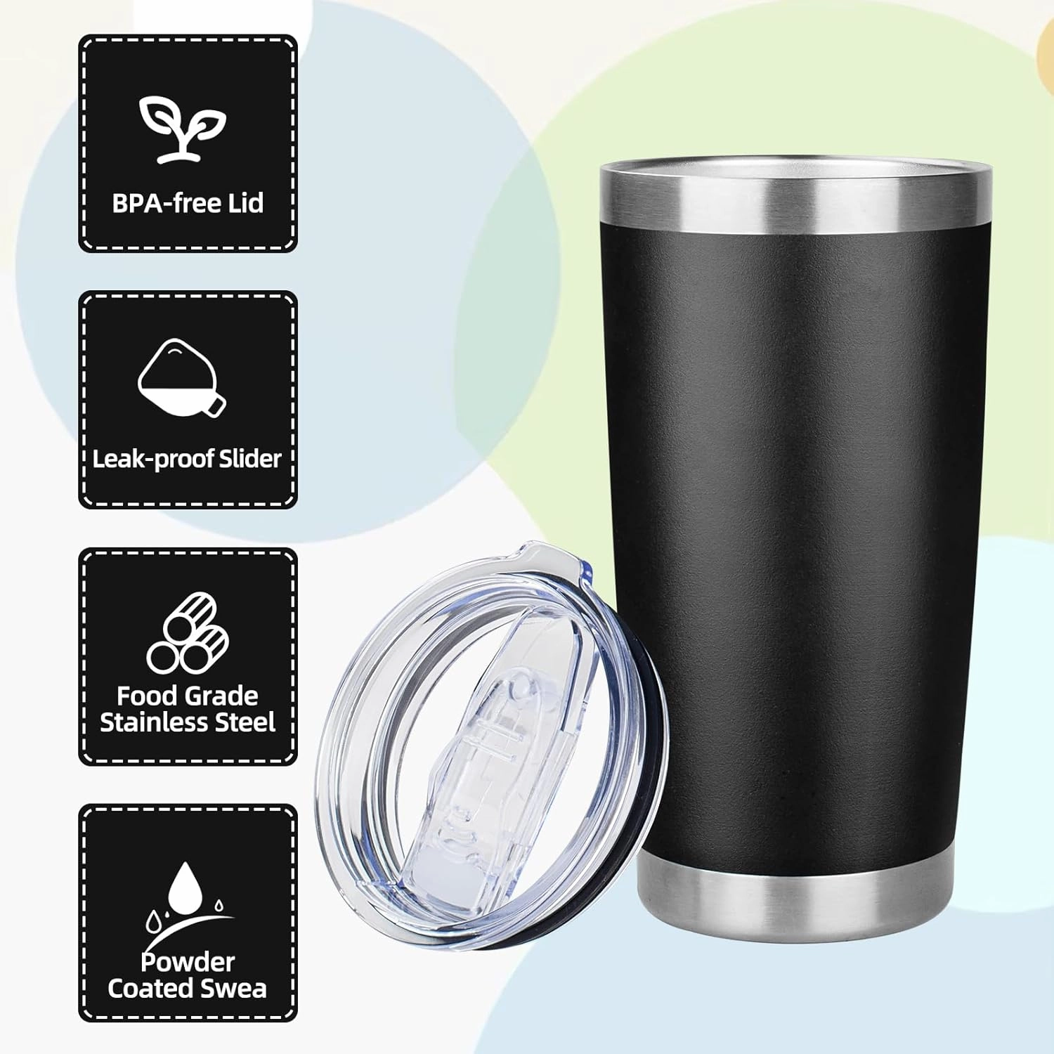 20oz Tumbler with Lid Stainless Steel Insulated Tumblers Travel Coffee Tumbler Bulk Double Wall Vacuum Insulated Water Cup Christmas Gifts for Women Men Her Him Home Office (Black, 6pack)