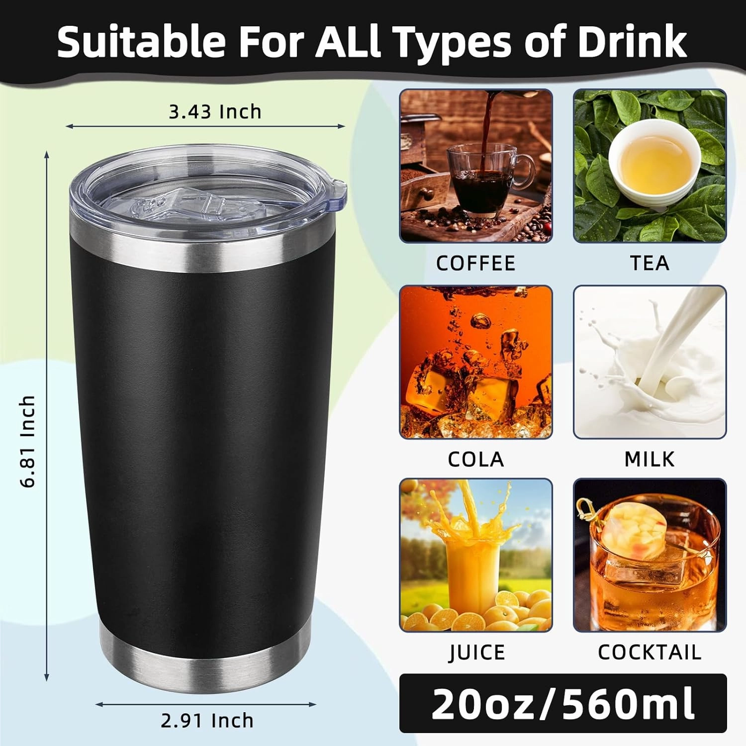 20oz Tumbler with Lid Stainless Steel Insulated Tumblers Travel Coffee Tumbler Bulk Double Wall Vacuum Insulated Water Cup Christmas Gifts for Women Men Her Him Home Office (Black, 6pack)
