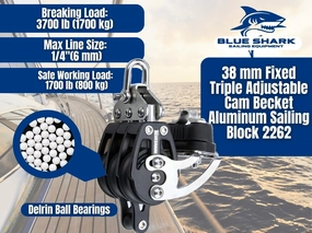2262-38 mm Fixed Triple Adjustable Cam Becket Aluminum Sailing Block - Max Line: 3/8” (10 mm), Safe Working Load (SWL): 1700 lbs, Breaking Load: 3700 lbs