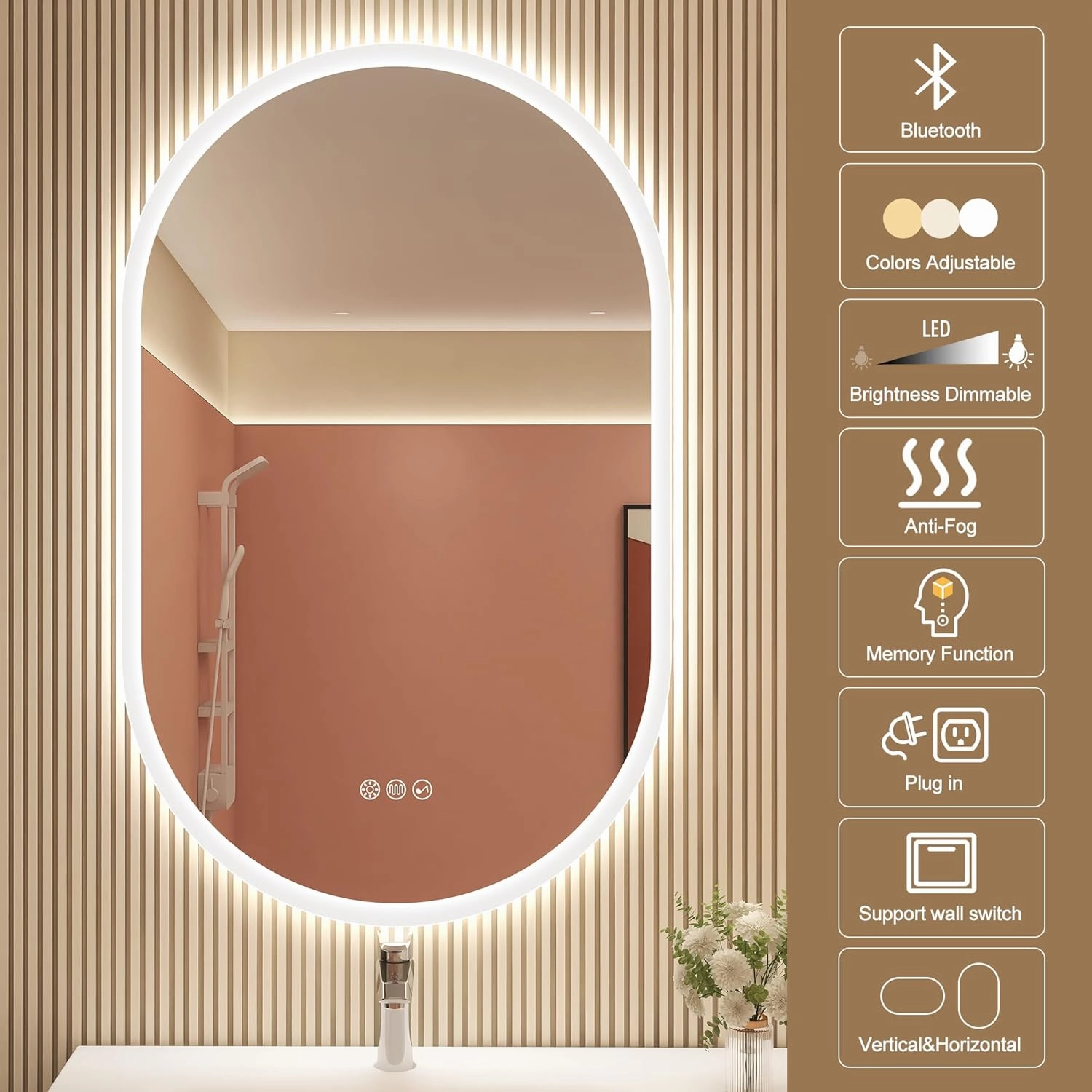 24"x36" LED-Bathroom-Mirror-with-Lights, Wall-Mounted with Bluetooth Speaker, Anti-Fog, 3 Color Temperature, Dimmable Brightness, Waterproof, Tempered Glass, Frontlit & Backlit, Oval