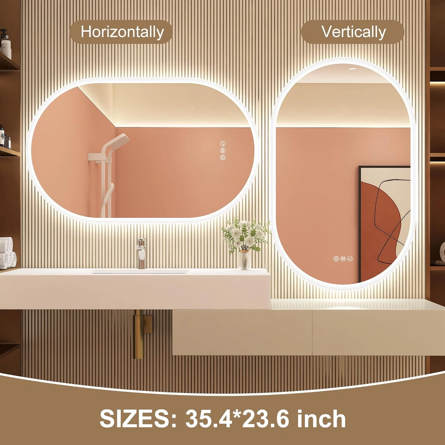 24"x36" LED-Bathroom-Mirror-with-Lights, Wall-Mounted with Bluetooth Speaker, Anti-Fog, 3 Color Temperature, Dimmable Brightness, Waterproof, Tempered Glass, Frontlit & Backlit, Oval