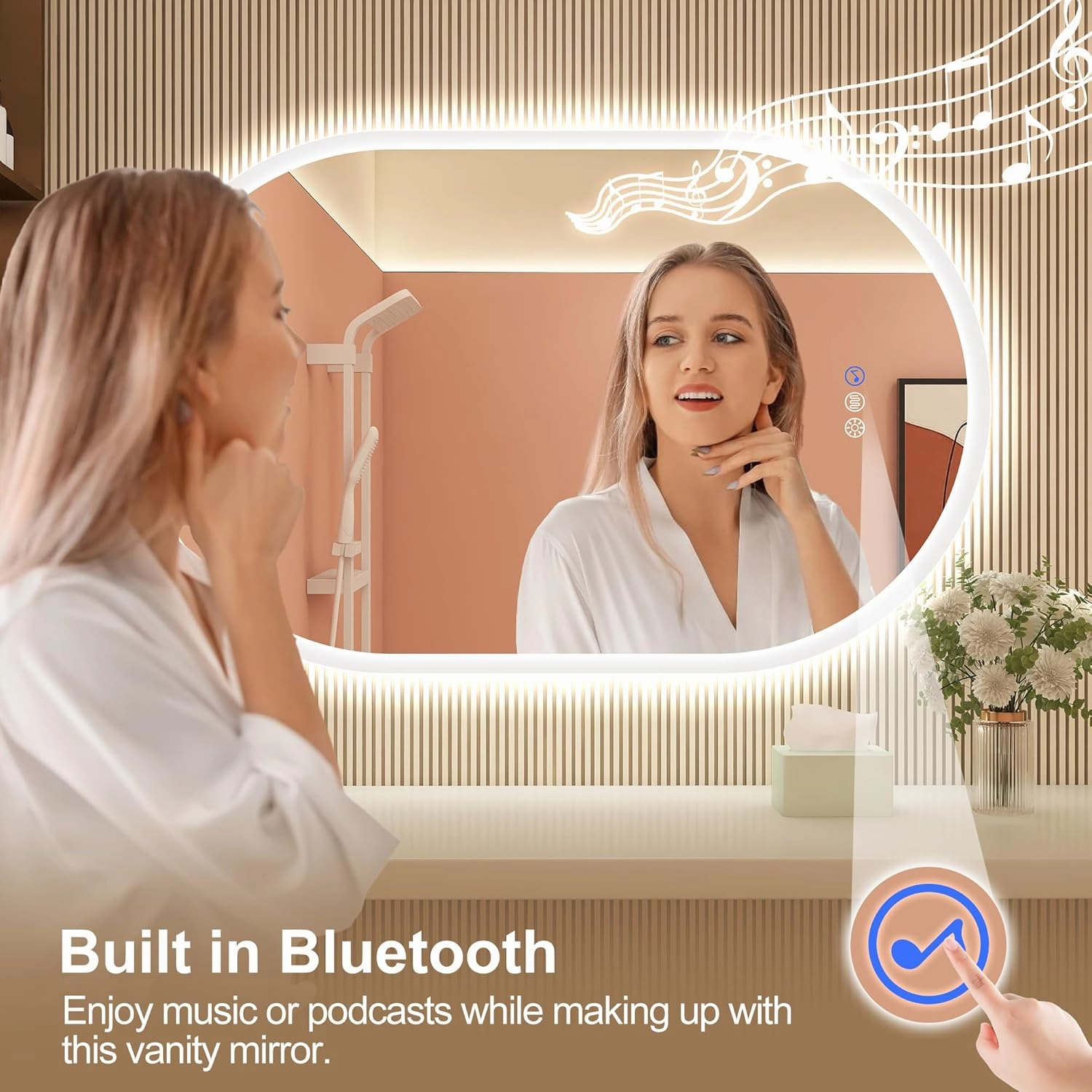 24"x36" LED-Bathroom-Mirror-with-Lights, Wall-Mounted with Bluetooth Speaker, Anti-Fog, 3 Color Temperature, Dimmable Brightness, Waterproof, Tempered Glass, Frontlit & Backlit, Oval
