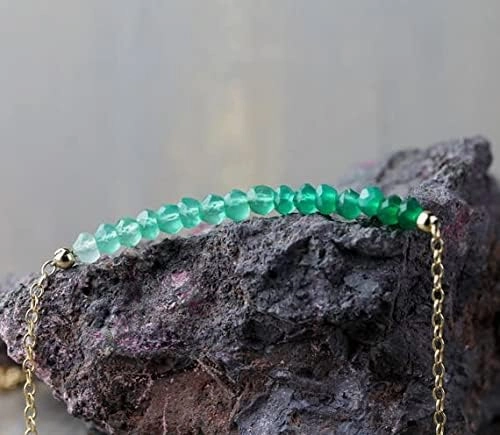 24k gold Anxiety Gemstone 3mm Green Ombre Green Onyx stracking Necklace Rondelle, Faceted 17 Inch for mens, womens, gf, bf and adults.