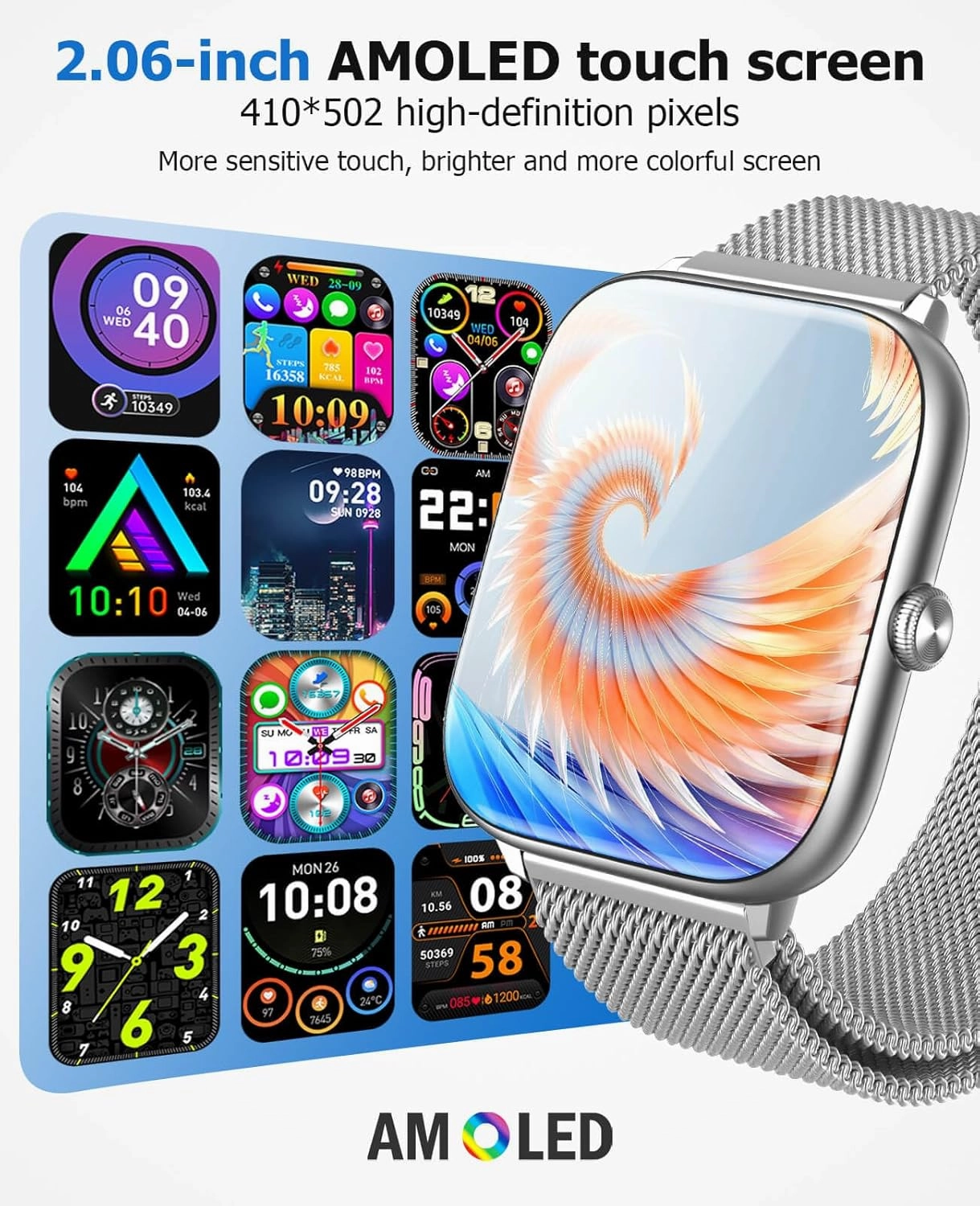 2.06" AMOLED Smart Watches with Bluetooth Call, 118 Sports Modes, Fitness Activity Tracker for Men Women, Heart Rate Sleep SpO2 and Stress Monitor, IP68 Waterproof, Compatible with Android and iPhone