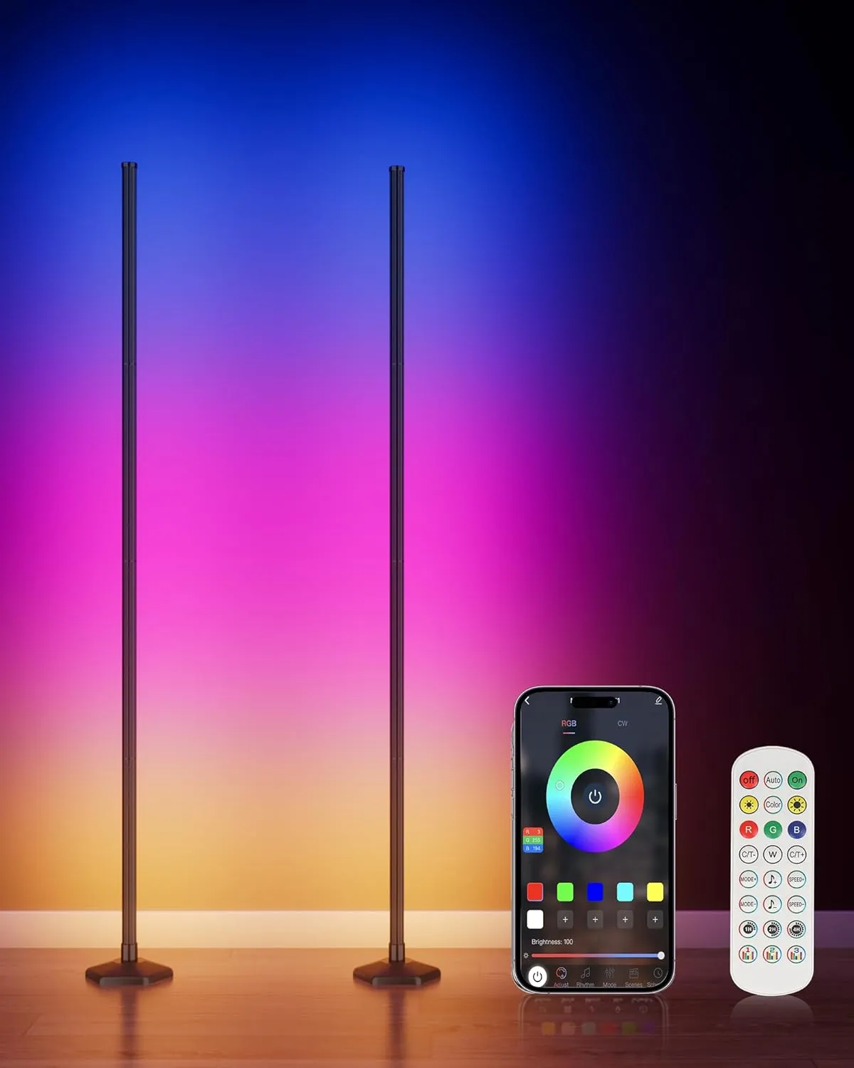 2PCS RGB Floor Lamp, Bluetooth APP and Remote Control 65" Smart Modern Standing Lamp Music Sync 16 Million DIY Colors Changing LED Floor Lamp with Heavy Base