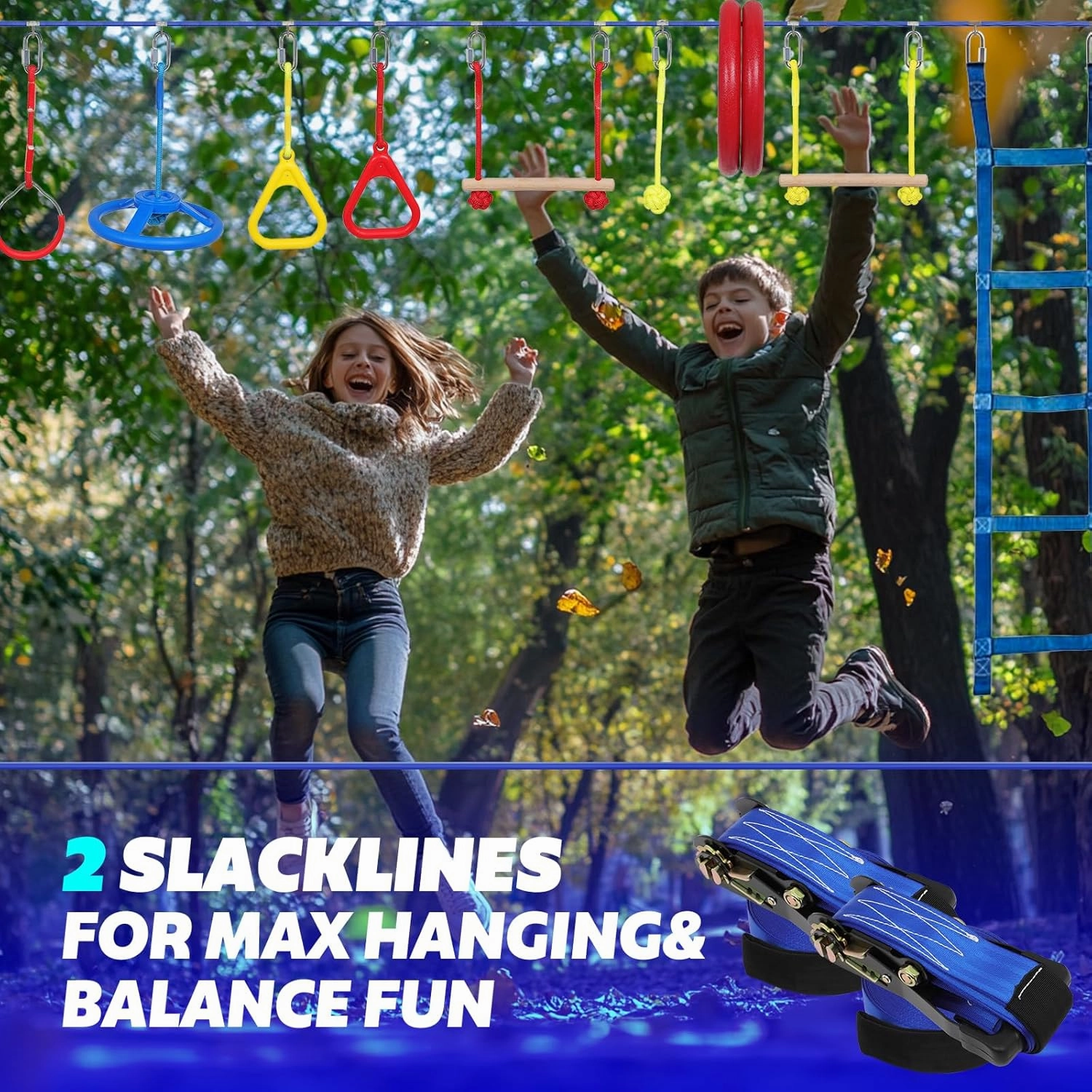 2x50 Ft Ninja Obstacle Course Kit for Kids with Slackline and 13 Fun Accessories Including Climbing Net, Rope Ladder, Monkey Bars, Ninja Obstacle Course for Kids Ages 3  with 440lbs Weight Capacity