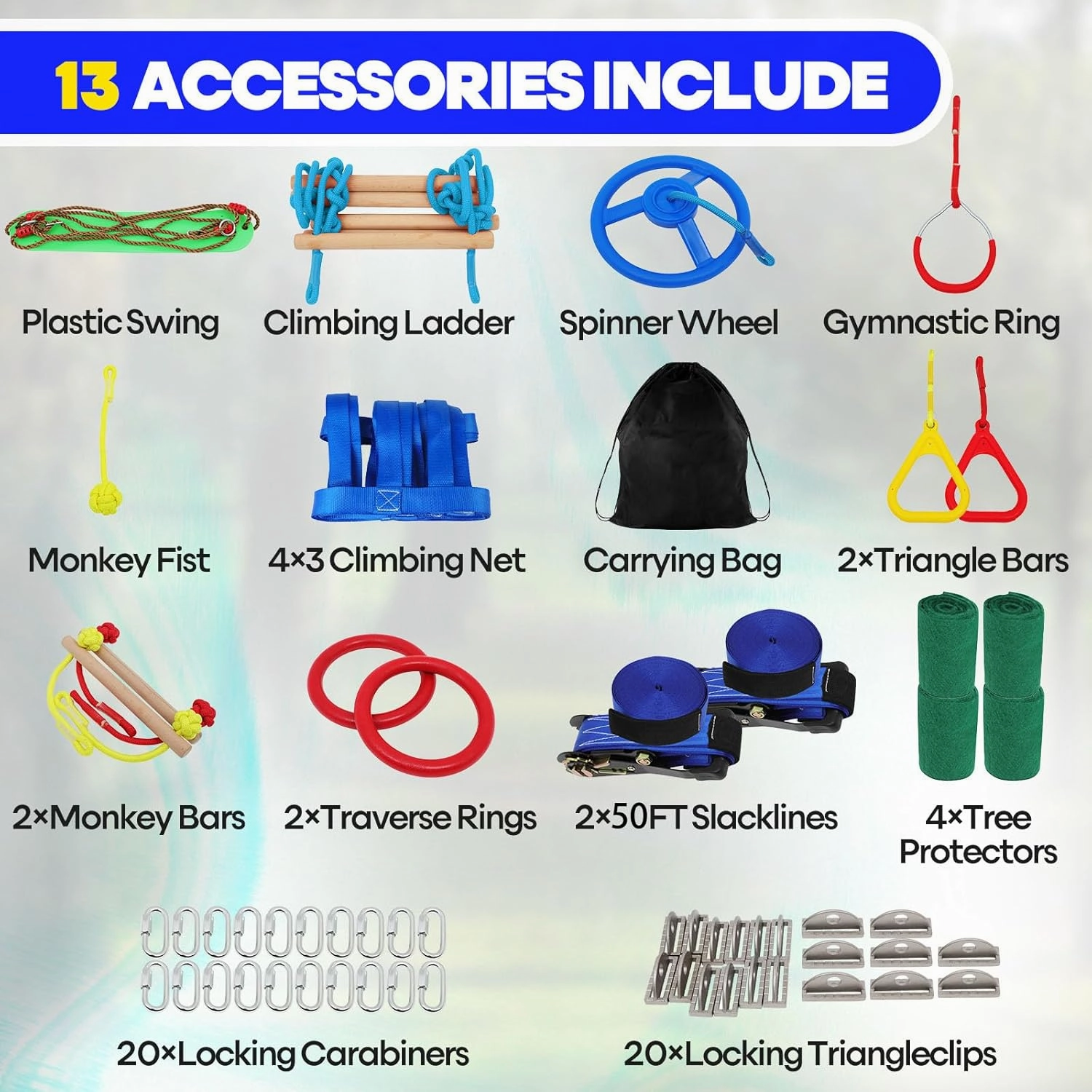 2x50 Ft Ninja Obstacle Course Kit for Kids with Slackline and 13 Fun Accessories Including Climbing Net, Rope Ladder, Monkey Bars, Ninja Obstacle Course for Kids Ages 3  with 440lbs Weight Capacity