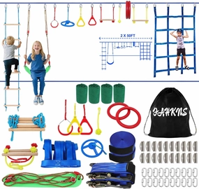 2x50 Ft Ninja Obstacle Course Kit for Kids with Slackline and 13 Fun Accessories Including Climbing Net, Rope Ladder, Monkey Bars, Ninja Obstacle Course for Kids Ages 3  with 440lbs Weight Capacity