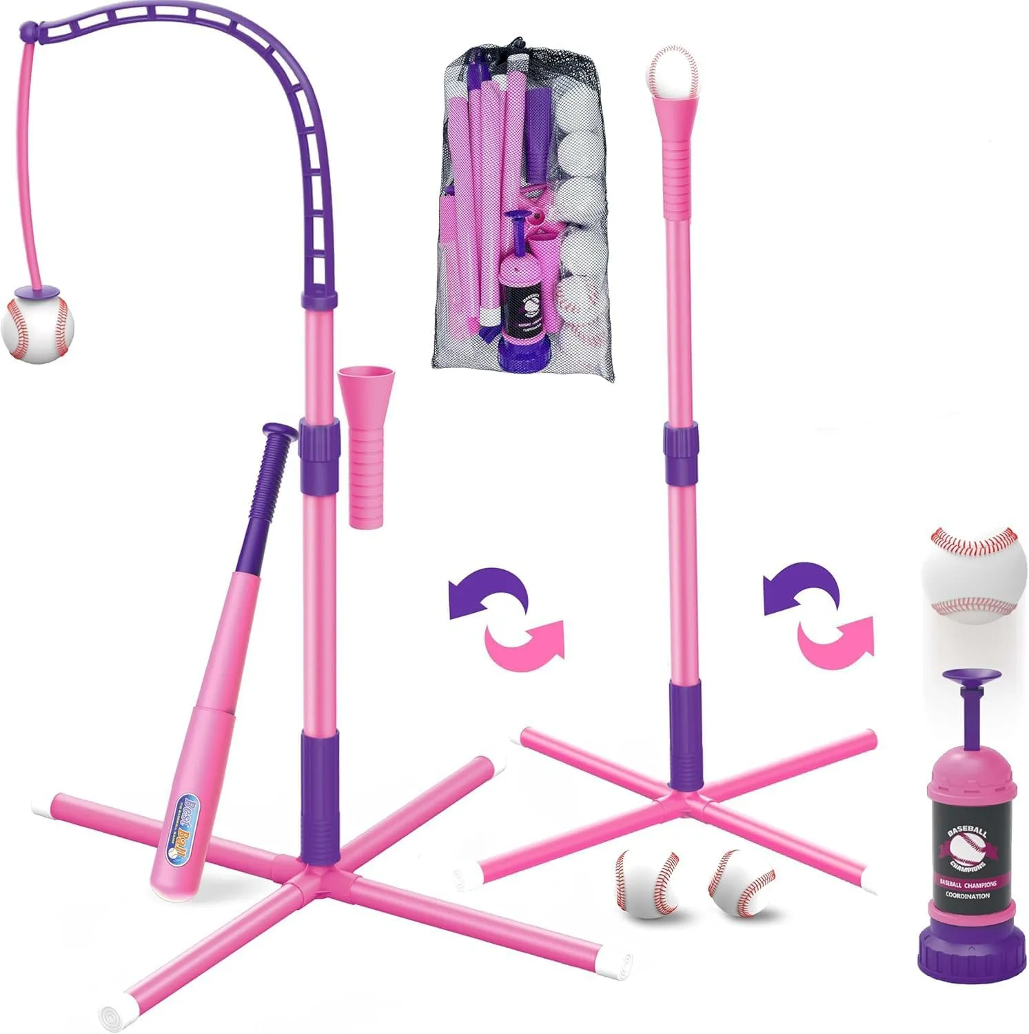 3-in-1 Baseball Set for Kids 3-5 - Tee Ball Stand, Hanging Tee, Ball Launcher and 6 Softballs - Adjustable Height, Indoor/Outdoor Sport Gifts for Girl