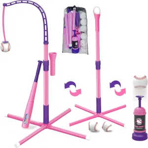 3-in-1 Baseball Set for Kids 3-5 - Tee Ball Stand, Hanging Tee, Ball Launcher and 6 Softballs - Adjustable Height, Indoor/Outdoor Sport Gifts for Girl