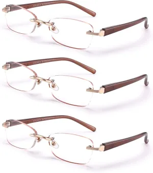 3-Pack Rimless Reading Glasses For Women, Lightweight Spring Hinge Readers, Classic Elegant Artistic Eyeglasses UV 400