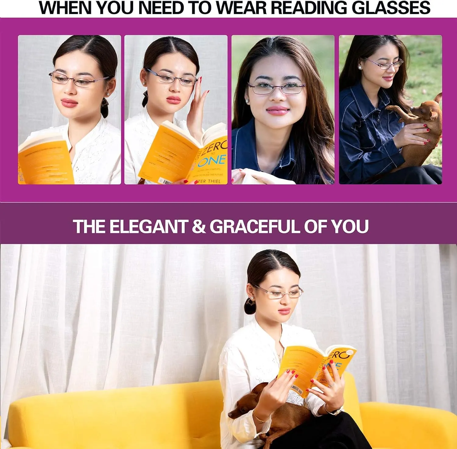 3-Pack Rimless Reading Glasses For Women, Lightweight Spring Hinge Readers, Classic Elegant Artistic Eyeglasses UV 400
