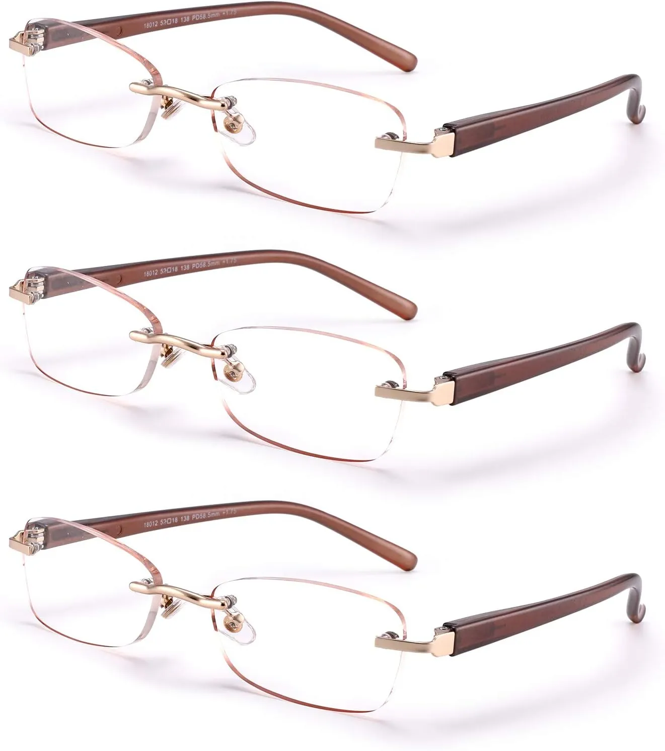 3-Pack Rimless Reading Glasses For Women, Lightweight Spring Hinge Readers, Classic Elegant Artistic Eyeglasses UV 400
