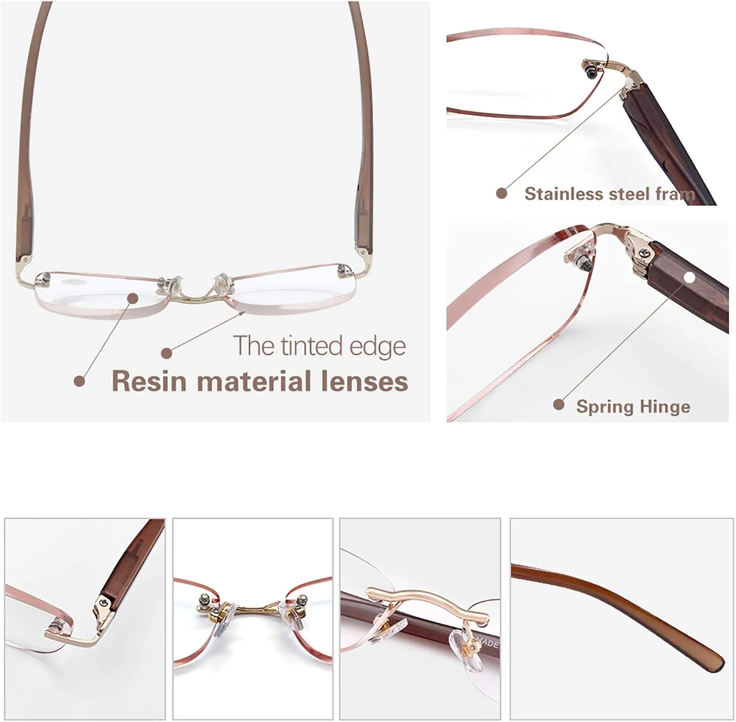 3-Pack Rimless Reading Glasses For Women, Lightweight Spring Hinge Readers, Classic Elegant Artistic Eyeglasses UV 400