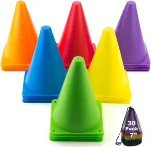 30 Pack Soccer Cones, 7 Inch Colored Cones for Sports, Traffic Cones Training Agility Field Marker Plastic Cone for Skating, Football, Games, Indoor Outdoor Activity & Festive Events, 6 Colors