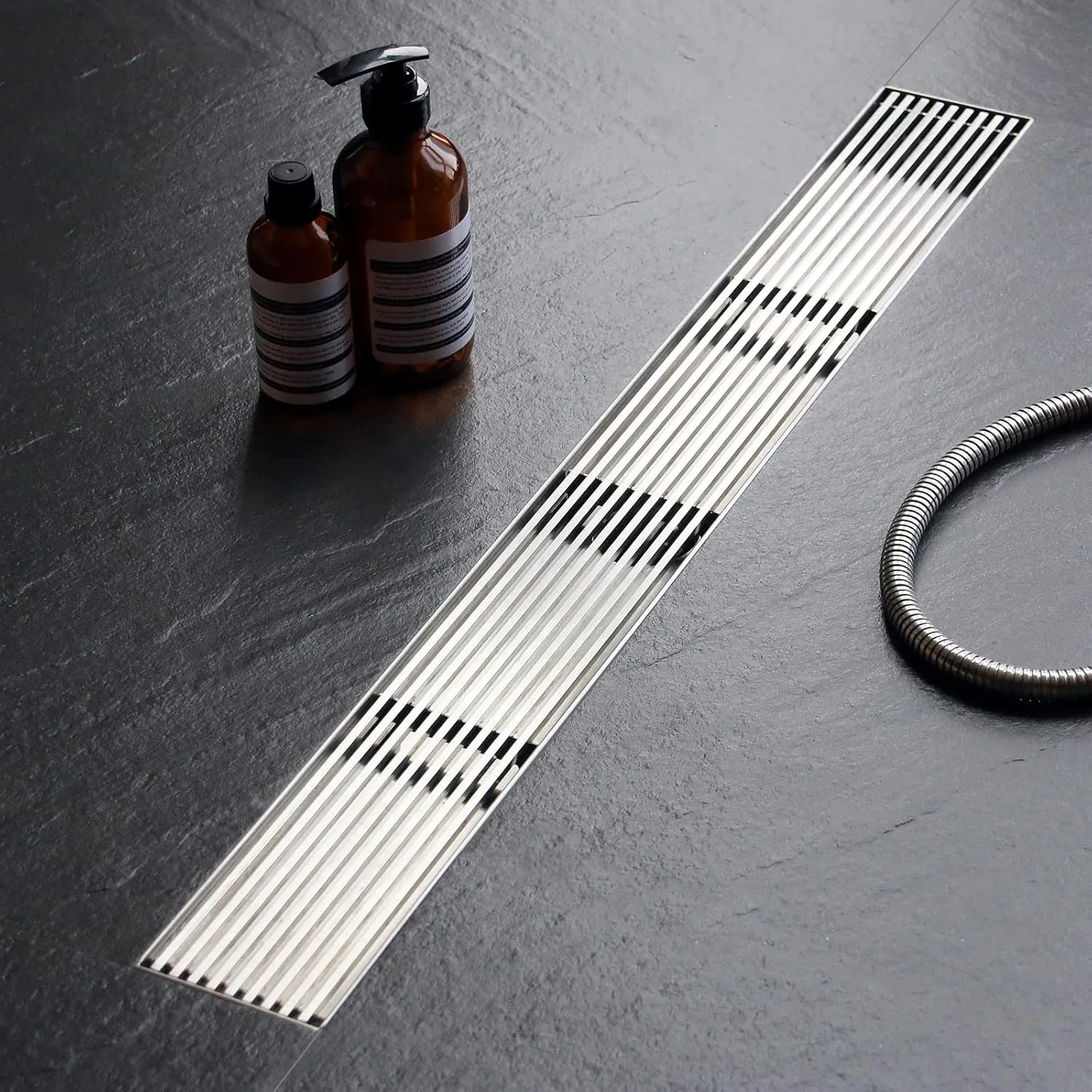 32 Inch Linear Shower Drain with Removable Wedge Wire Pattern Grate, Brushed Nickel 304 Stainless Steel Rectangle Shower Floor Drain for Bathroom, CUPC Certified, with Hair Strainer