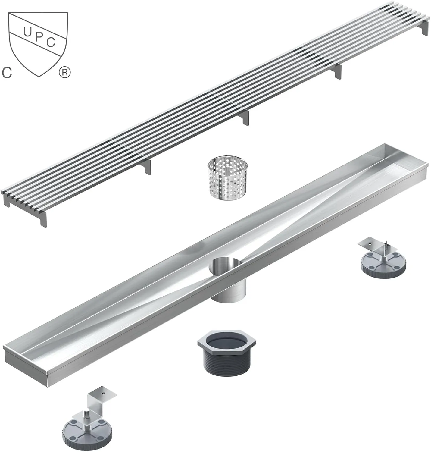 32 Inch Linear Shower Drain with Removable Wedge Wire Pattern Grate, Brushed Nickel 304 Stainless Steel Rectangle Shower Floor Drain for Bathroom, CUPC Certified, with Hair Strainer