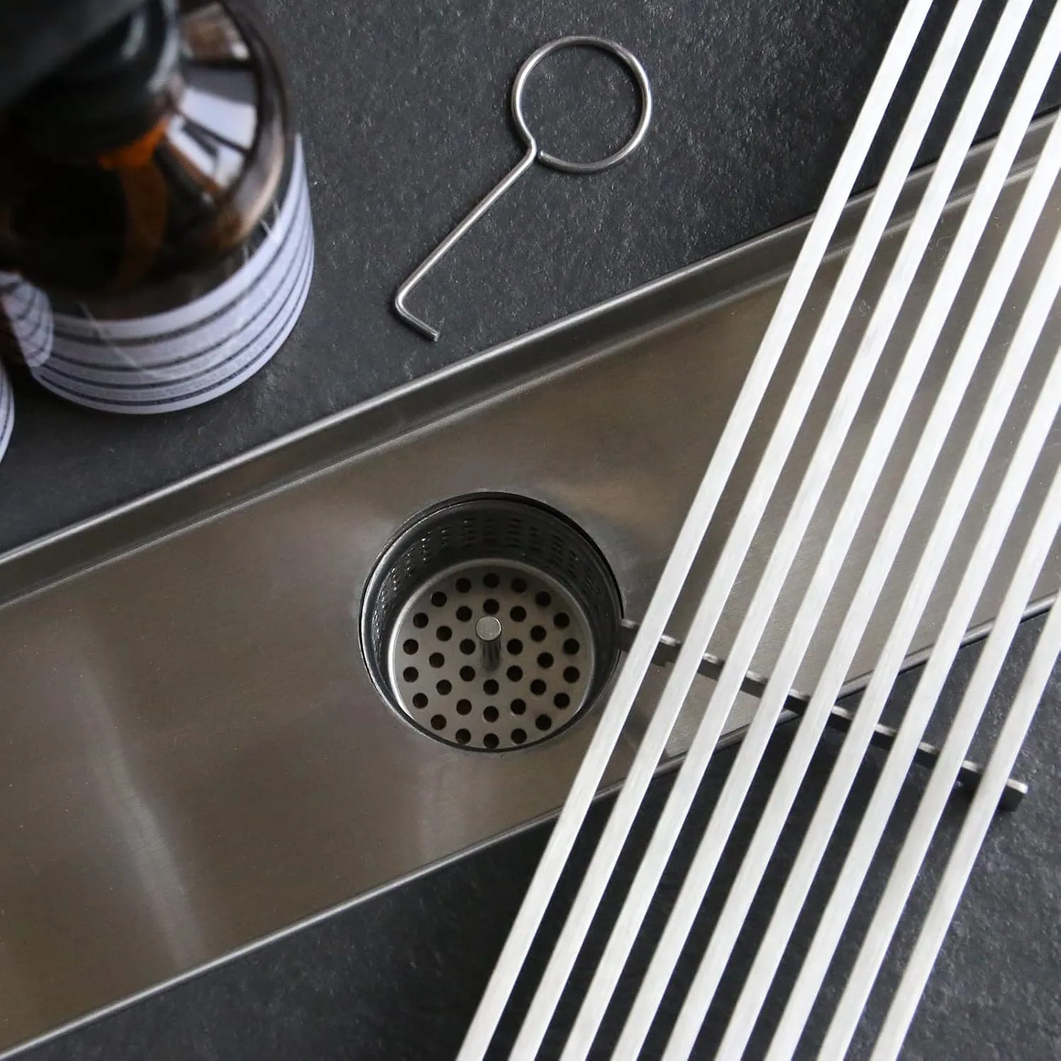 32 Inch Linear Shower Drain with Removable Wedge Wire Pattern Grate, Brushed Nickel 304 Stainless Steel Rectangle Shower Floor Drain for Bathroom, CUPC Certified, with Hair Strainer