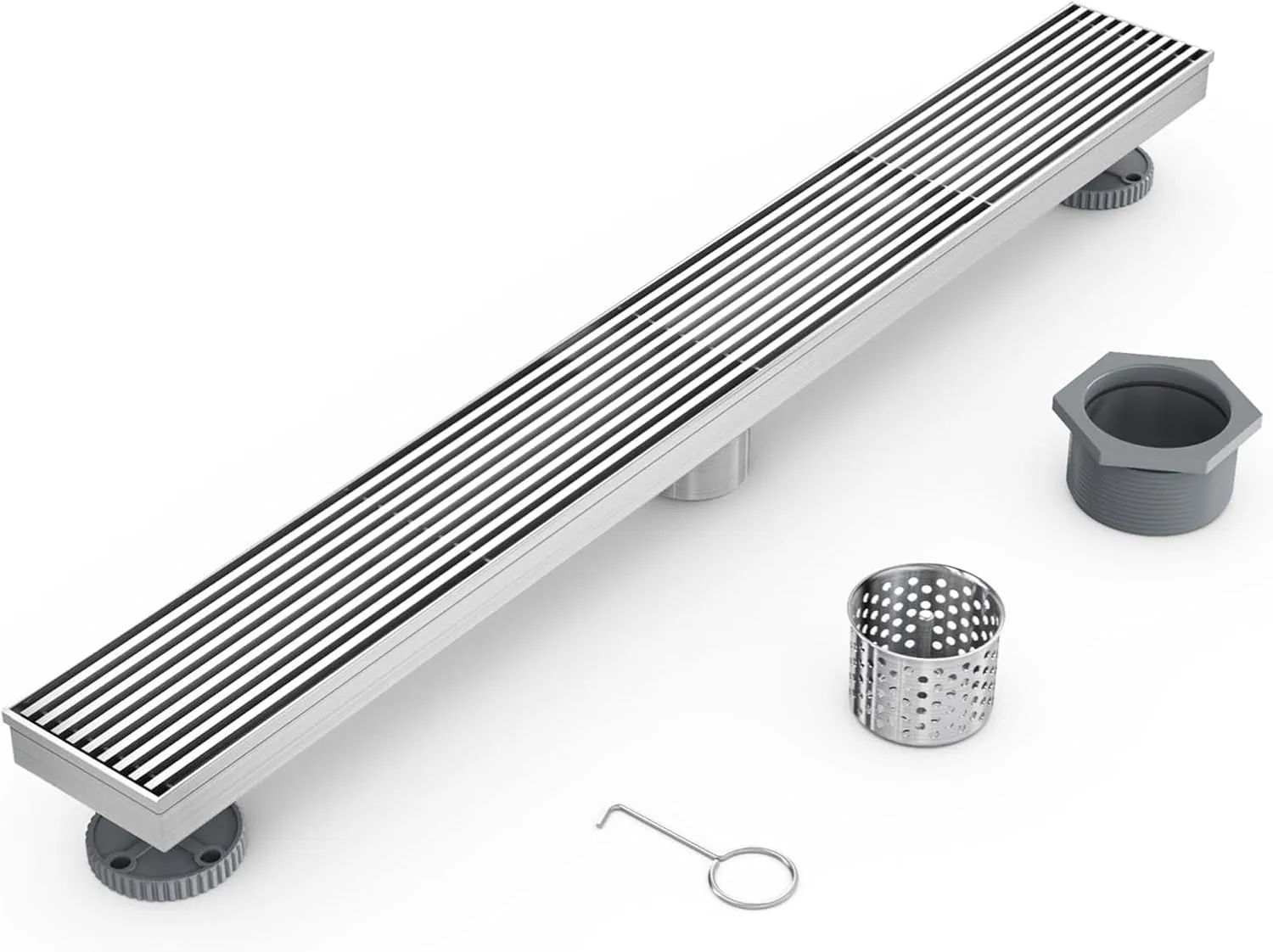 32 Inch Linear Shower Drain with Removable Wedge Wire Pattern Grate, Brushed Nickel 304 Stainless Steel Rectangle Shower Floor Drain for Bathroom, CUPC Certified, with Hair Strainer