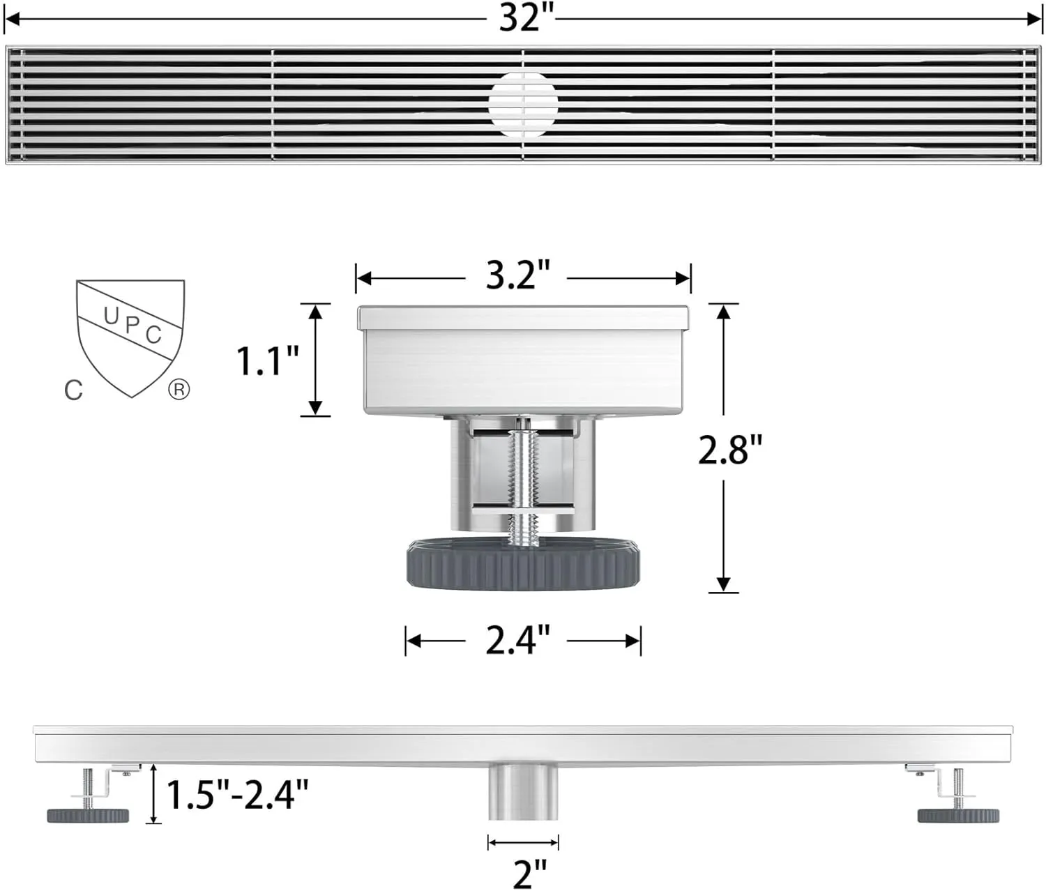 32 Inch Linear Shower Drain with Removable Wedge Wire Pattern Grate, Brushed Nickel 304 Stainless Steel Rectangle Shower Floor Drain for Bathroom, CUPC Certified, with Hair Strainer