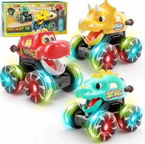 3 Pack Monster Truck Toys for Kids Toddlers - LED Light Up Wheels Dinosaur Car Toys with Chomping Mouth Press & Go Dinosaur Trucks Set Birthady Gifts Toys for Toddler Boy Baby Ages 2 3 4 5