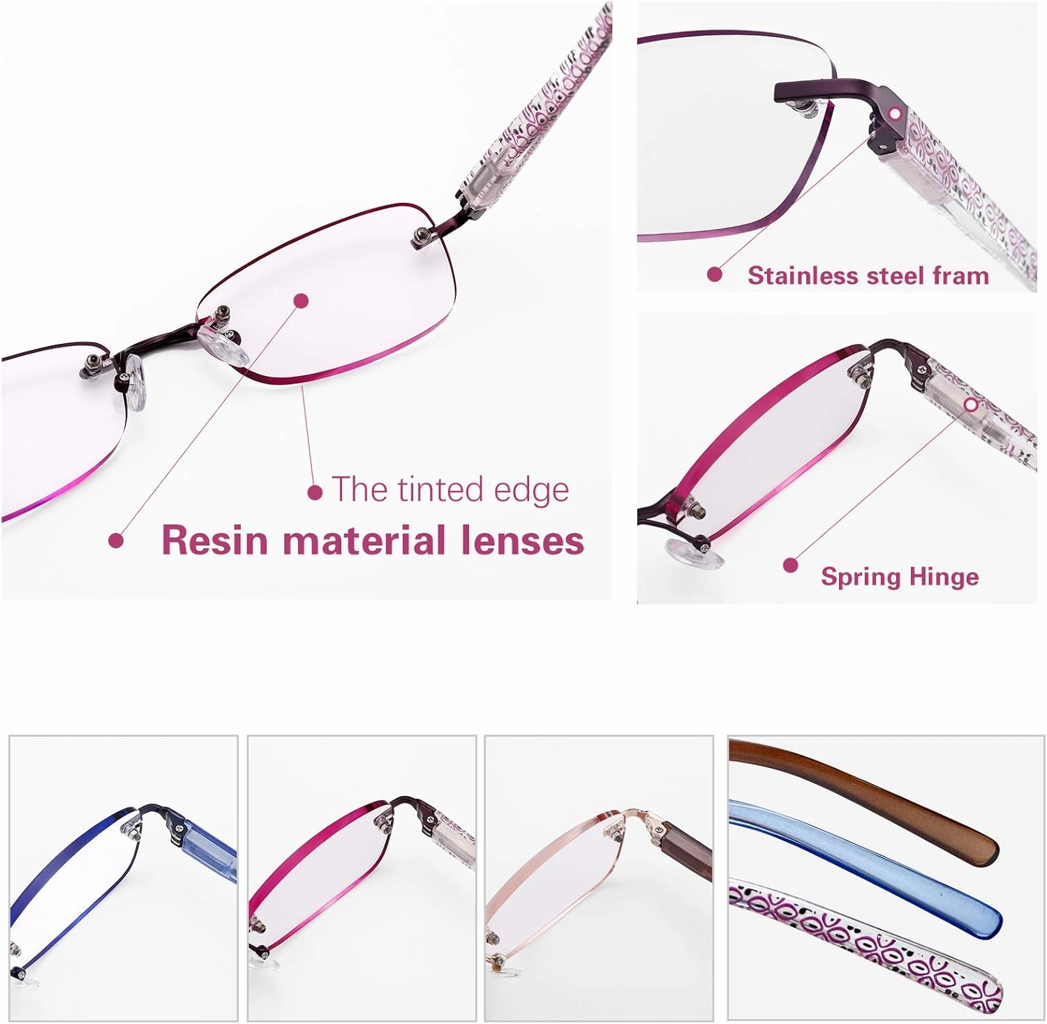 3-Pack Rimless Reading Glasses For Women, Lightweight Spring Hinge Readers, Classic Elegant Artistic Eyeglasses UV 400
