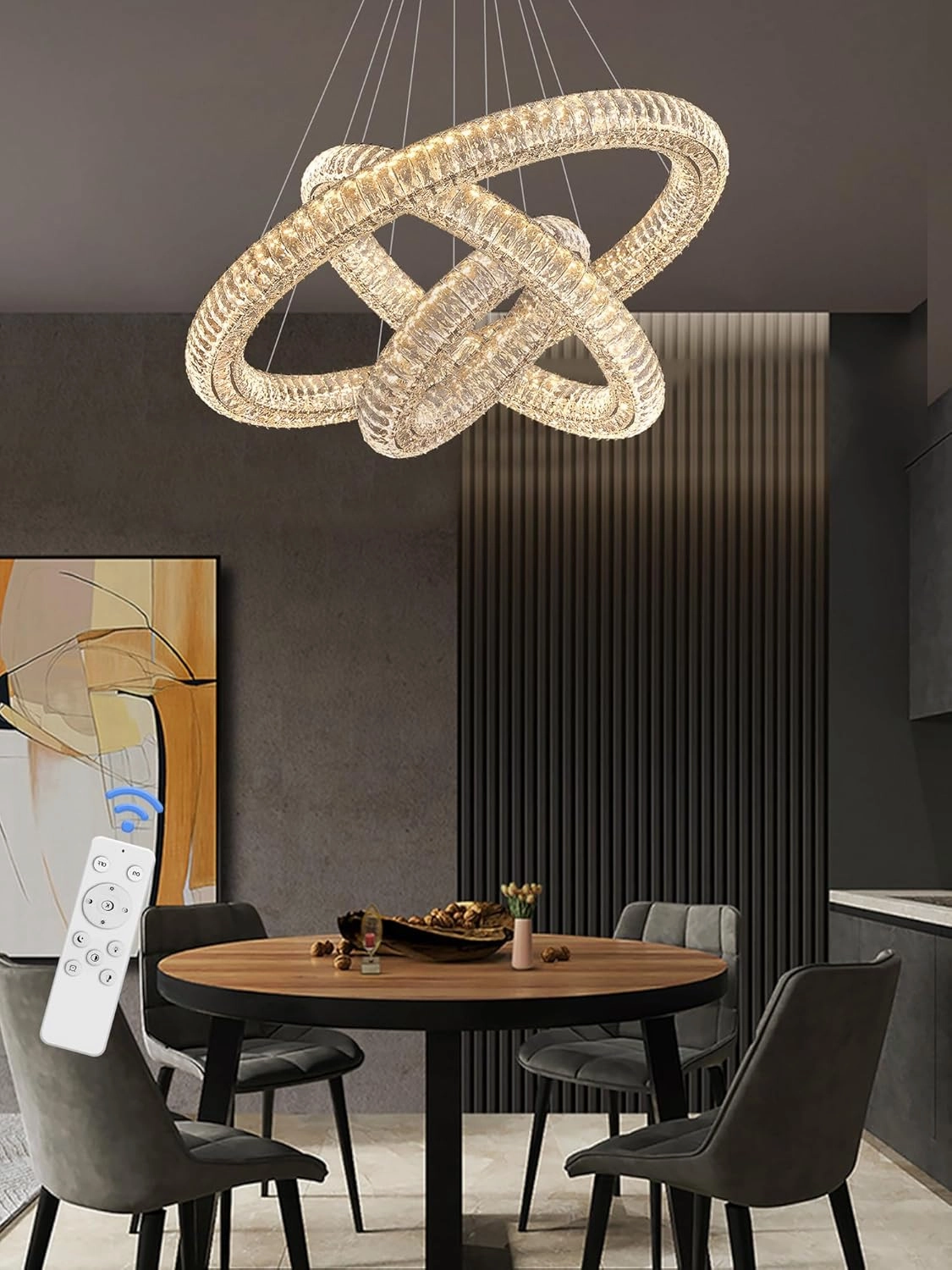 3 Rings Silver Crystal Chandeliers for Living Room High Ceiling Chandeliers for Foyer LED Dimmable3000-6000K D32'' D24'' D16''
