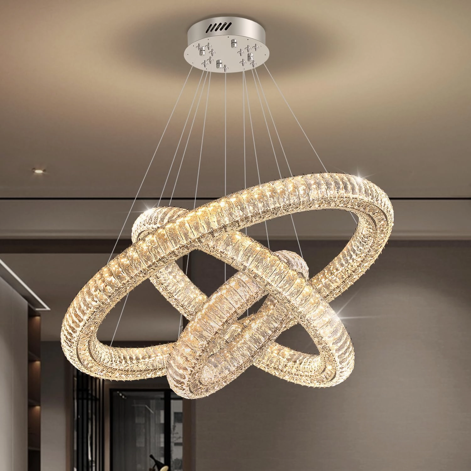 3 Rings Silver Crystal Chandeliers for Living Room High Ceiling Chandeliers for Foyer LED Dimmable3000-6000K D32'' D24'' D16''