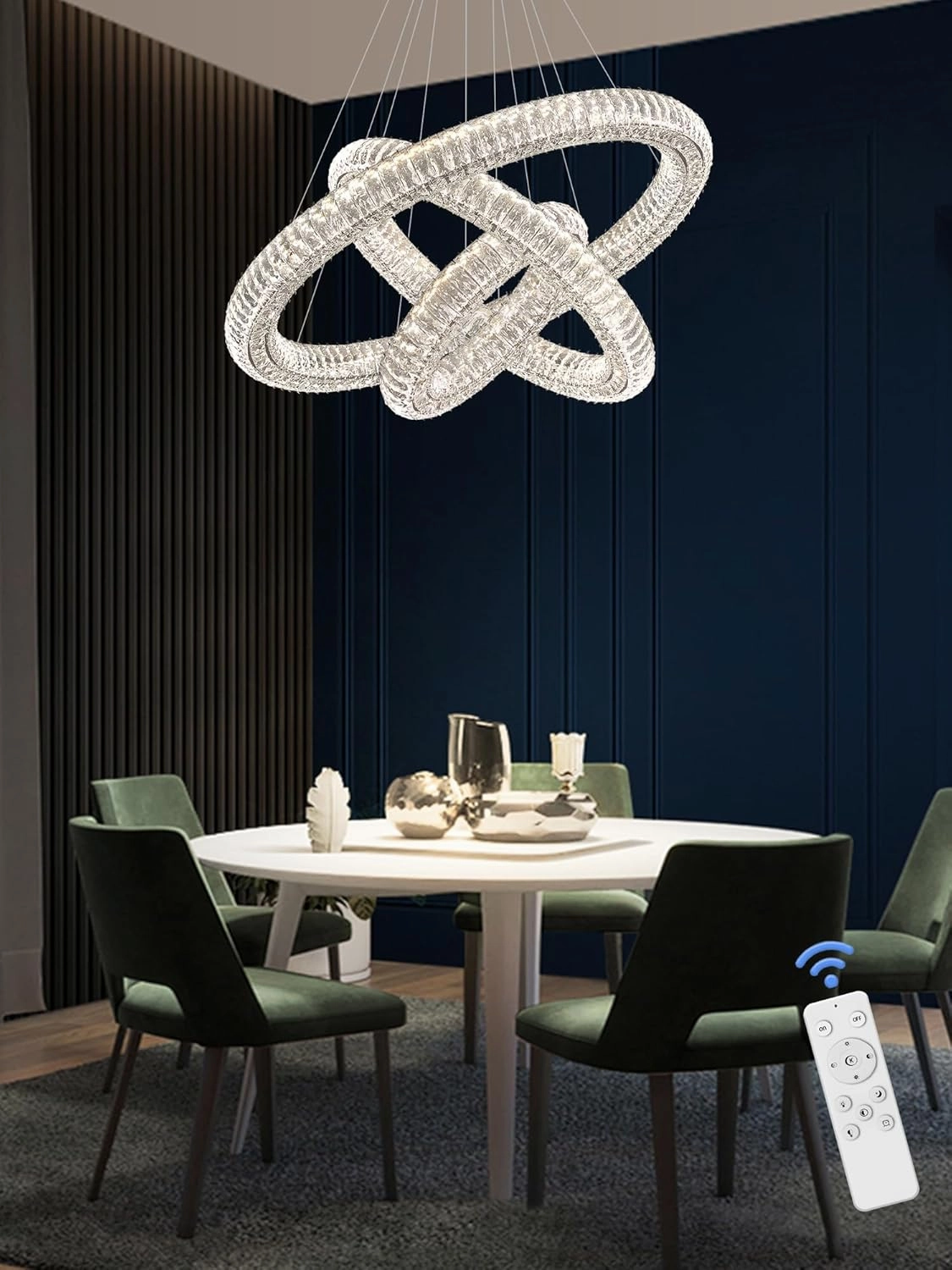 3 Rings Silver Crystal Chandeliers for Living Room High Ceiling Chandeliers for Foyer LED Dimmable3000-6000K D32'' D24'' D16''