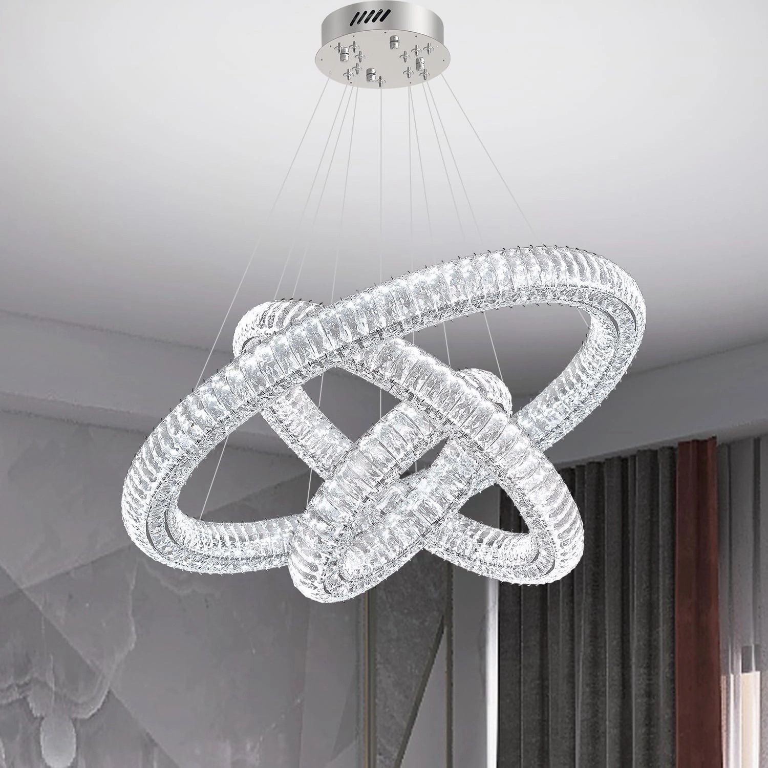3 Rings Silver Crystal Chandeliers for Living Room High Ceiling Chandeliers for Foyer LED Dimmable3000-6000K D32'' D24'' D16''