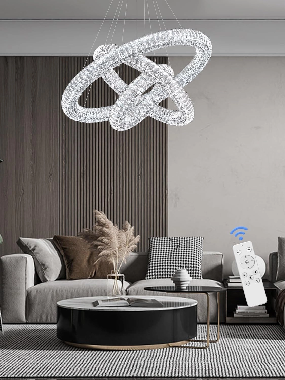 3 Rings Silver Crystal Chandeliers for Living Room High Ceiling Chandeliers for Foyer LED Dimmable3000-6000K D32'' D24'' D16''