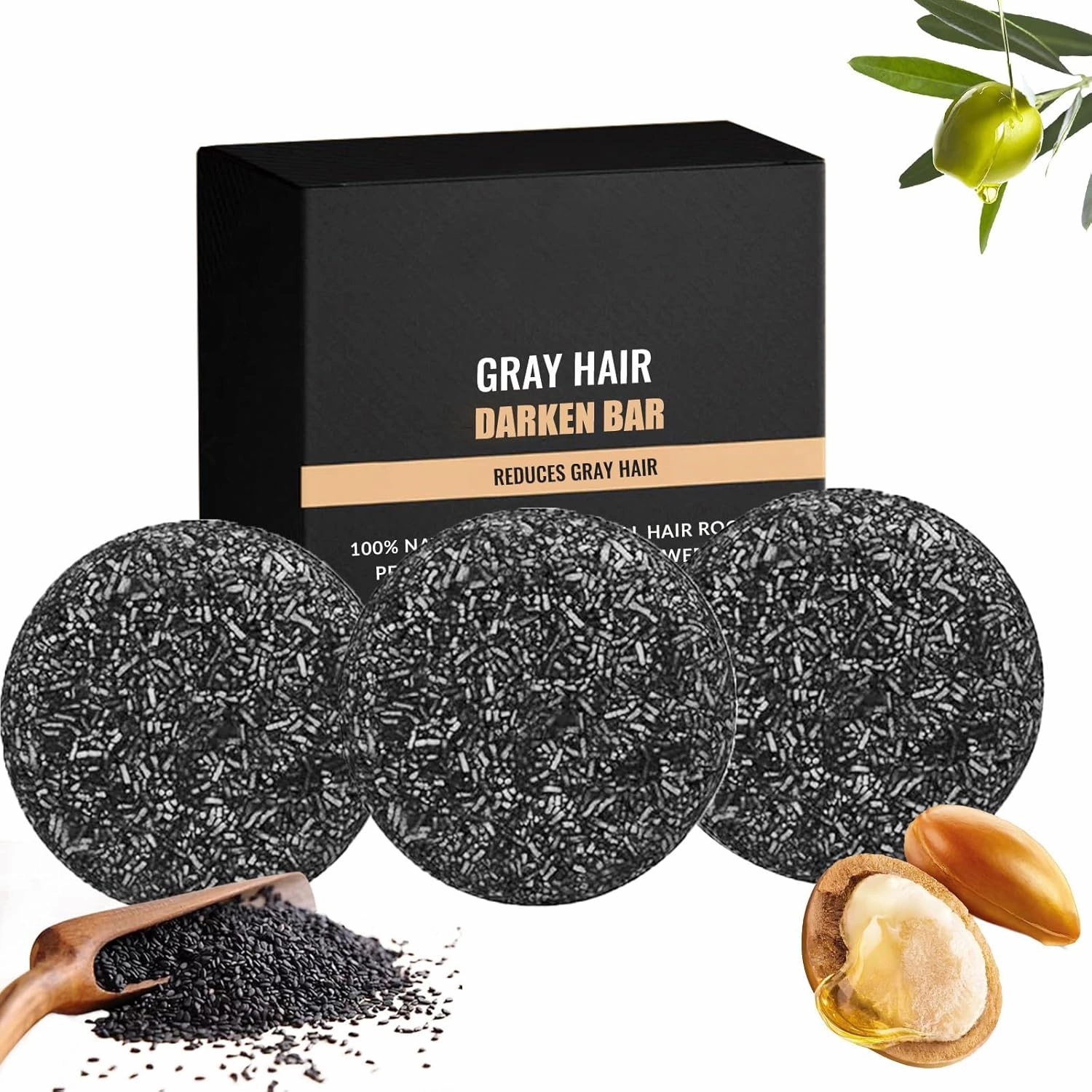 3Pcs Gray Hair Reverse Bar, Black Shampoo Bar for Hair & Beard Darkening, Herbal Black Soap for Men & Women, Deep Clean & Nourish the Scalp