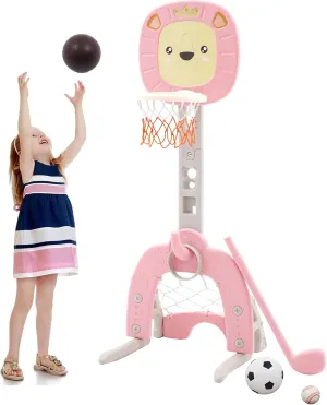 4-in-1 Basketball Hoop for Kids Toddler Sports Activity Center Height Adjustment with Football/Soccer Goal, Golf Game, and Ring Toss Indoor and Outdoor Play Set for Boys and Girls (Pink)