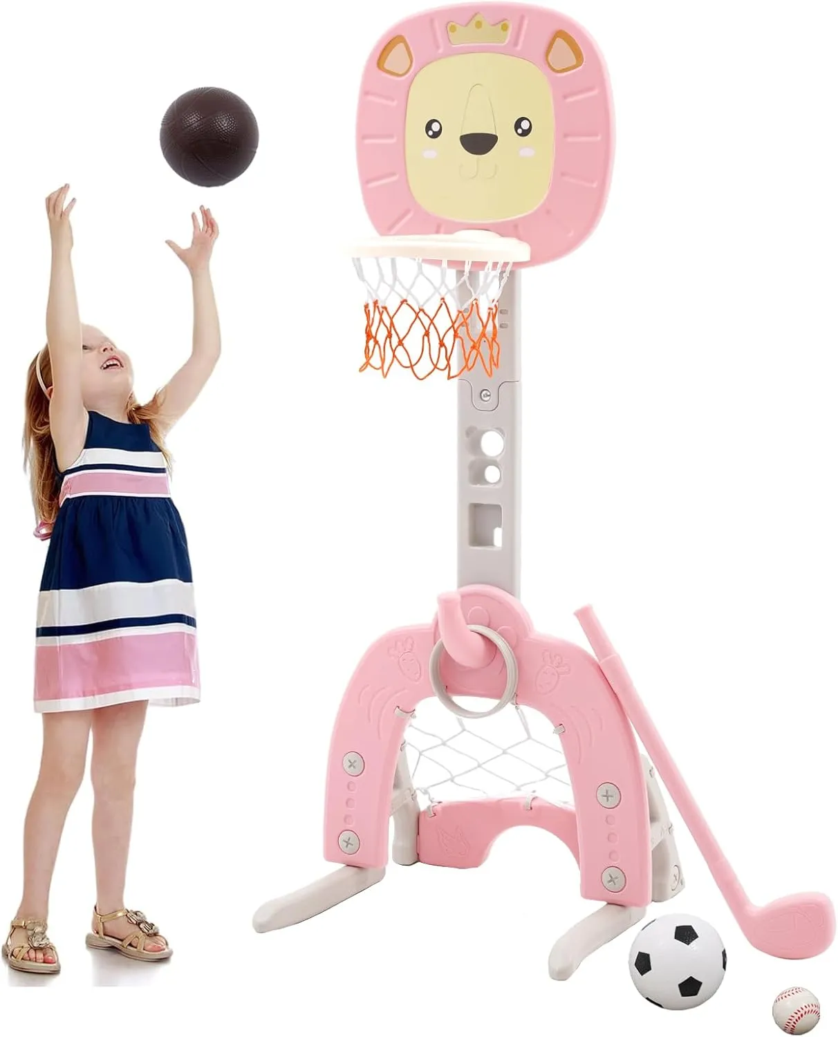 4-in-1 Basketball Hoop for Kids Toddler Sports Activity Center Height Adjustment with Football/Soccer Goal, Golf Game, and Ring Toss Indoor and Outdoor Play Set for Boys and Girls (Pink)