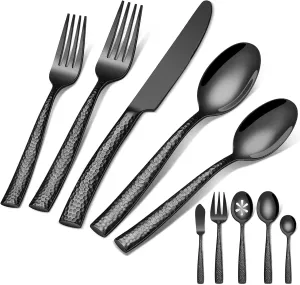 45-Piece Silverware Set with Serving Utensils, Ollex Durable Stainless Steel Black Hammered Flatware Set for 8 with Knives Forks Spoons Large Serving utensil Set for Home Restaurant, Dishwasher Safe